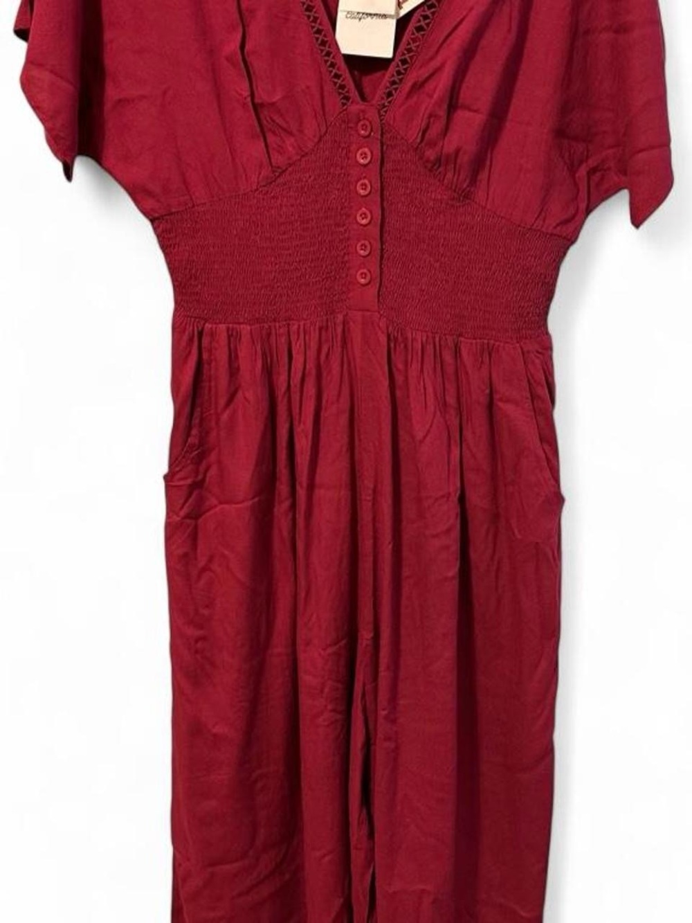 Red Smocked Waist Button-Front Women's Dress -
